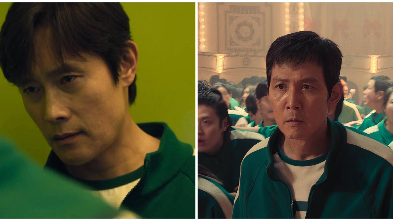 Split image of Oh Young-il (Front Man) and Gi-hun in Squid Game