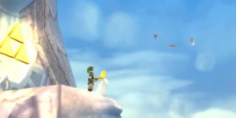 Zelda and Link looking at Groose and his friends flying away.