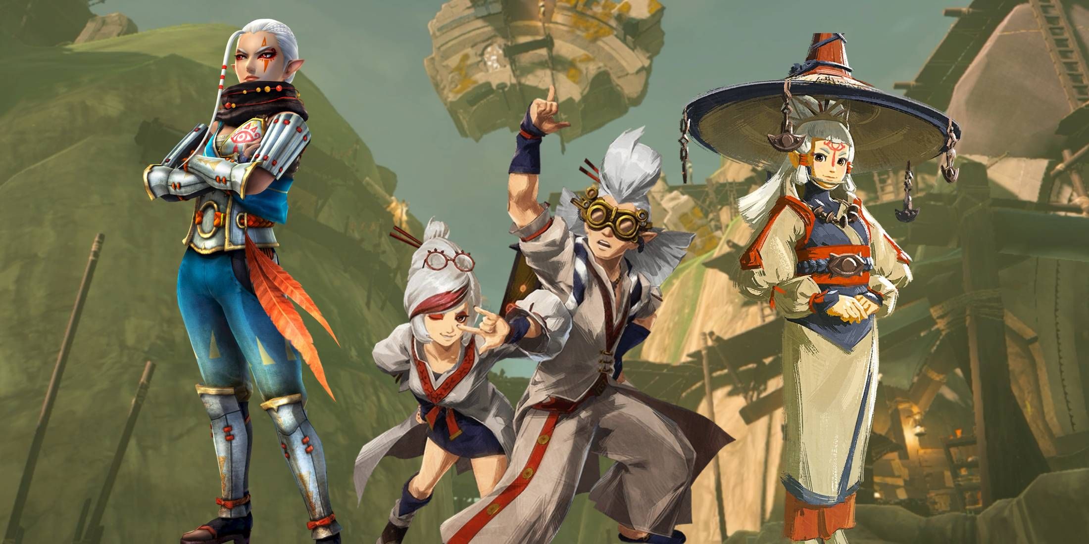 Impa, Purah, Robbie, and Paya from The Legend of Zelda over Kakariko Village from Tears of the Kingdom