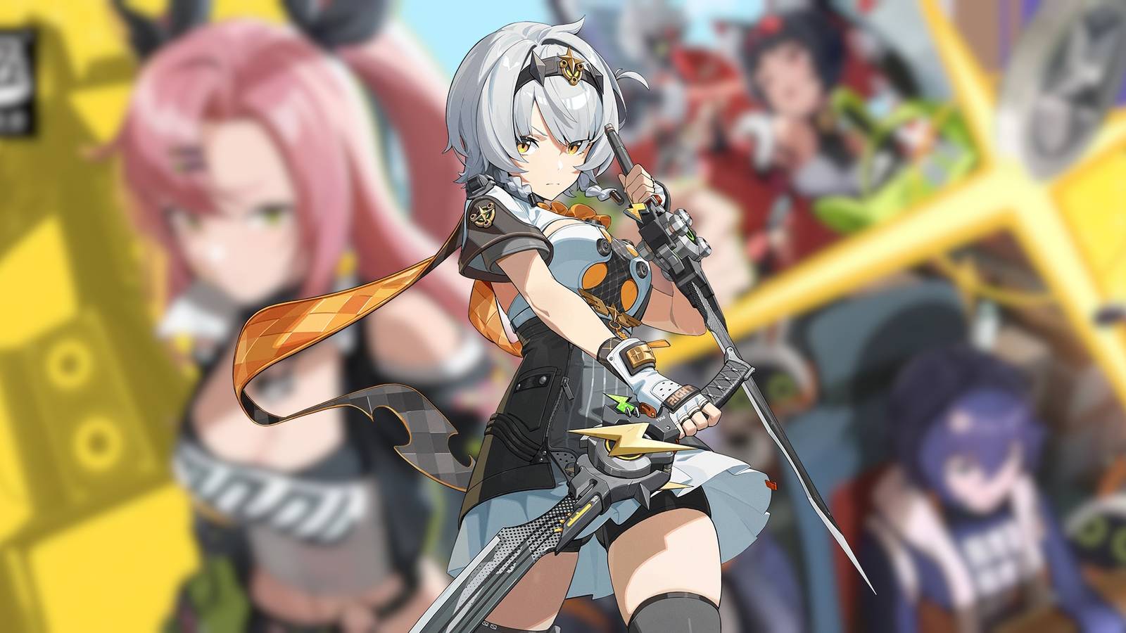 The splash art for Silver Soldier Anby overlayed on a blurred key visual from Zenless Zone Zero.