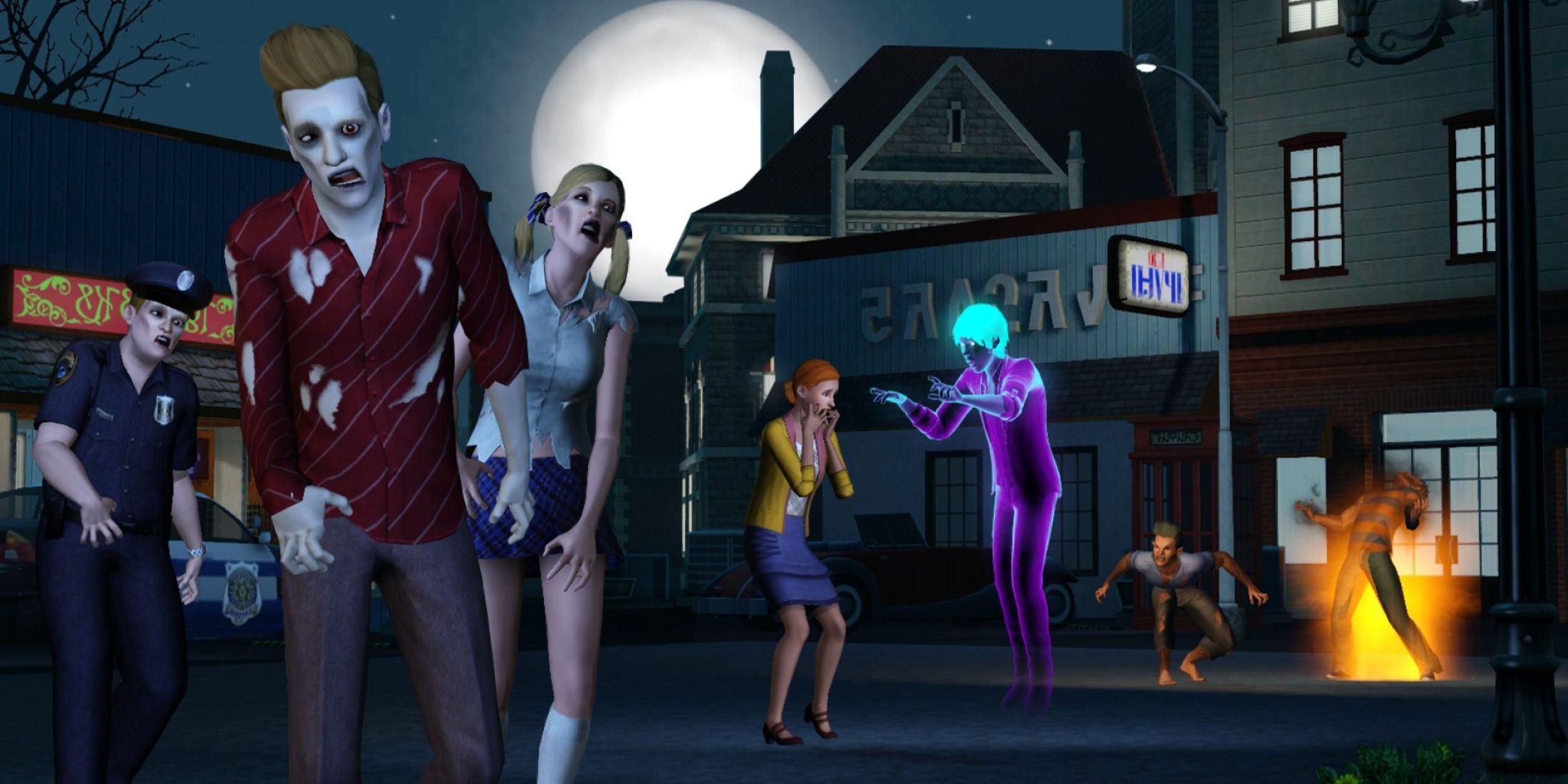 Zombies and ghosts causing chaos in a spooky town from The Sims 3 Supernatural expansion