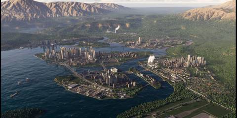 A View of a Medium Size Established City by a Lake in Cities: Skylines 2