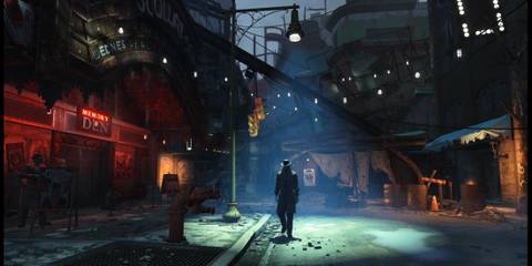 Nick Valentine Under a Streetlight in Fallout 4