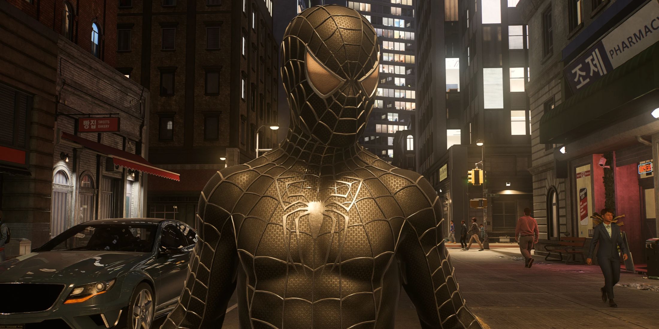 An image from the Film Accurate Raimi Black Webbed Suit Recolor  mod for Marvel's Spider-Man 2 on the PC