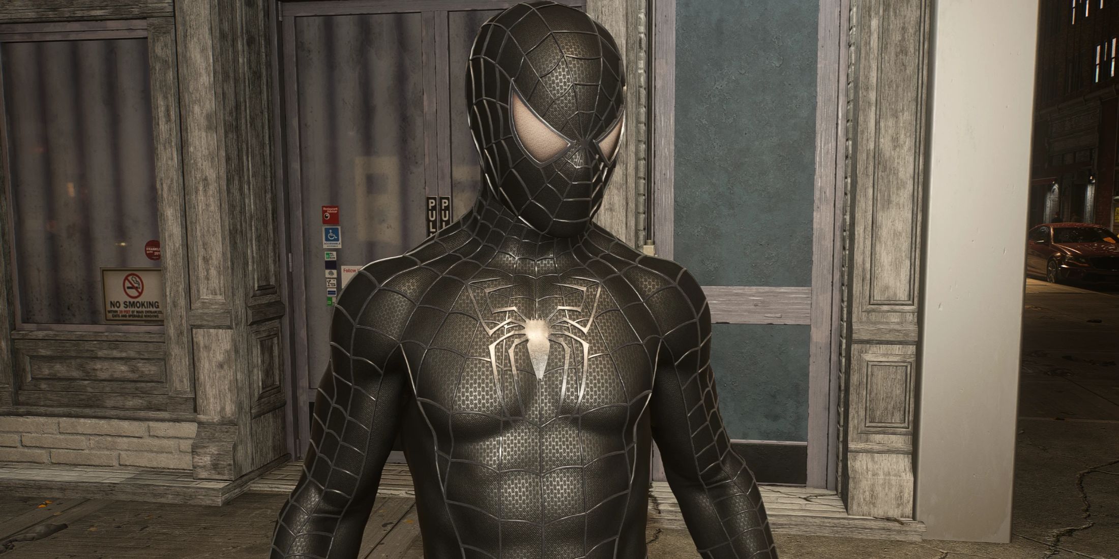 An image from the Film Accurate Raimi Black Webbed Suit Recolor  mod for Marvel's Spider-Man 2 on the PC