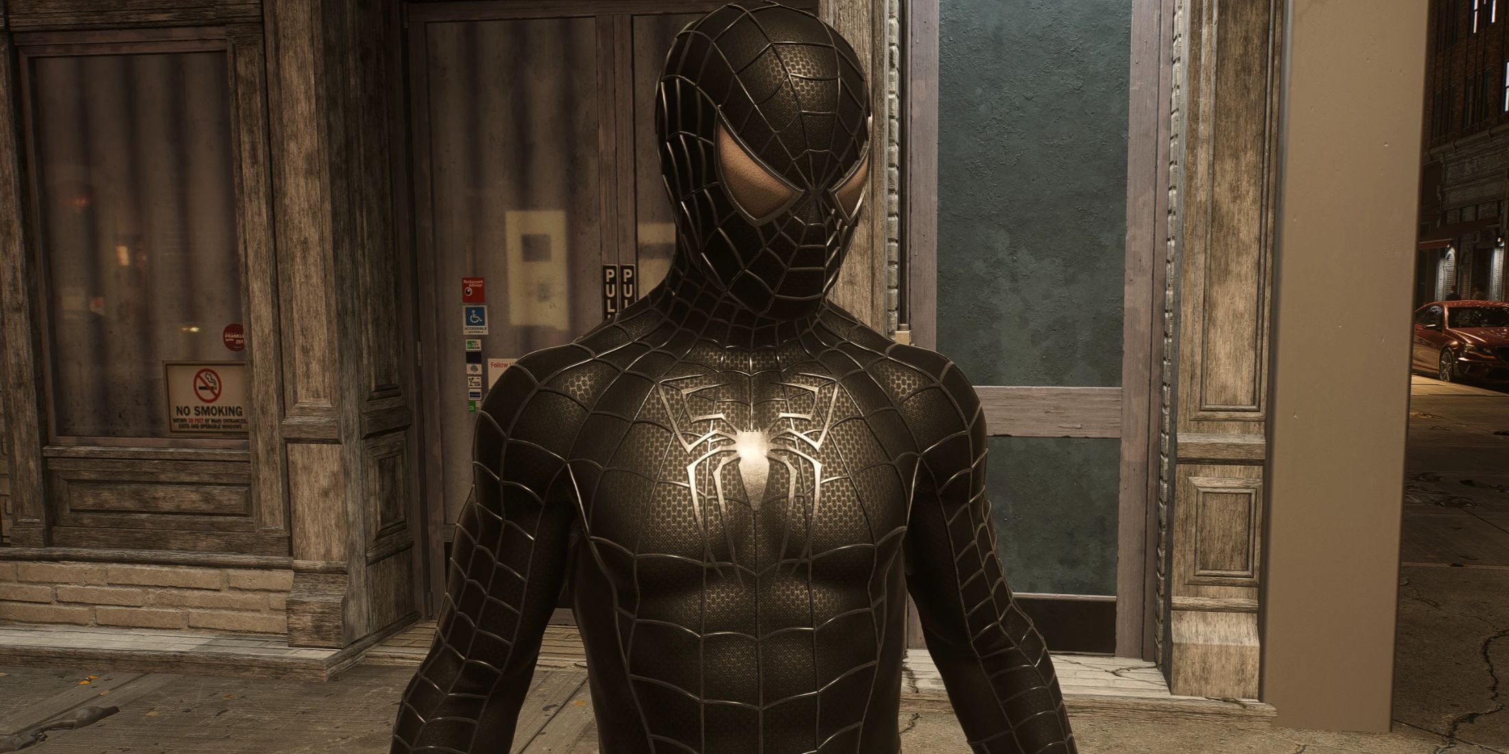 An image from the Film Accurate Raimi Black Webbed Suit Recolor  mod for Marvel's Spider-Man 2 on the PC