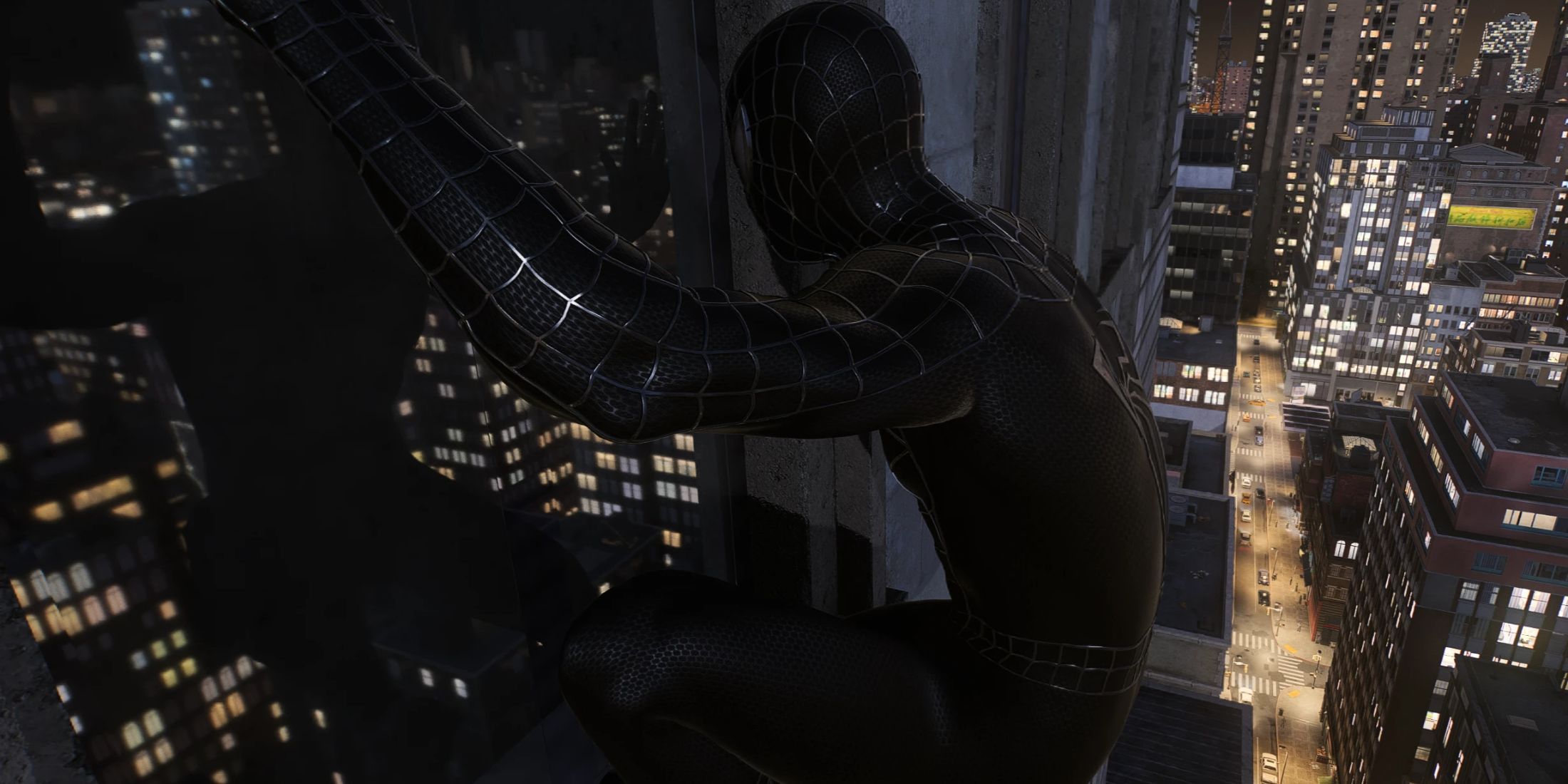 An image from the Film Accurate Raimi Black Webbed Suit Recolor  mod for Marvel's Spider-Man 2 on the PC