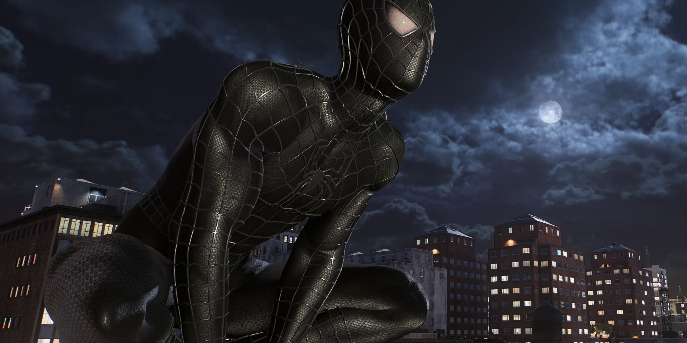 An image from the Film Accurate Raimi Black Webbed Suit Recolor  mod for Marvel's Spider-Man 2 on the PC