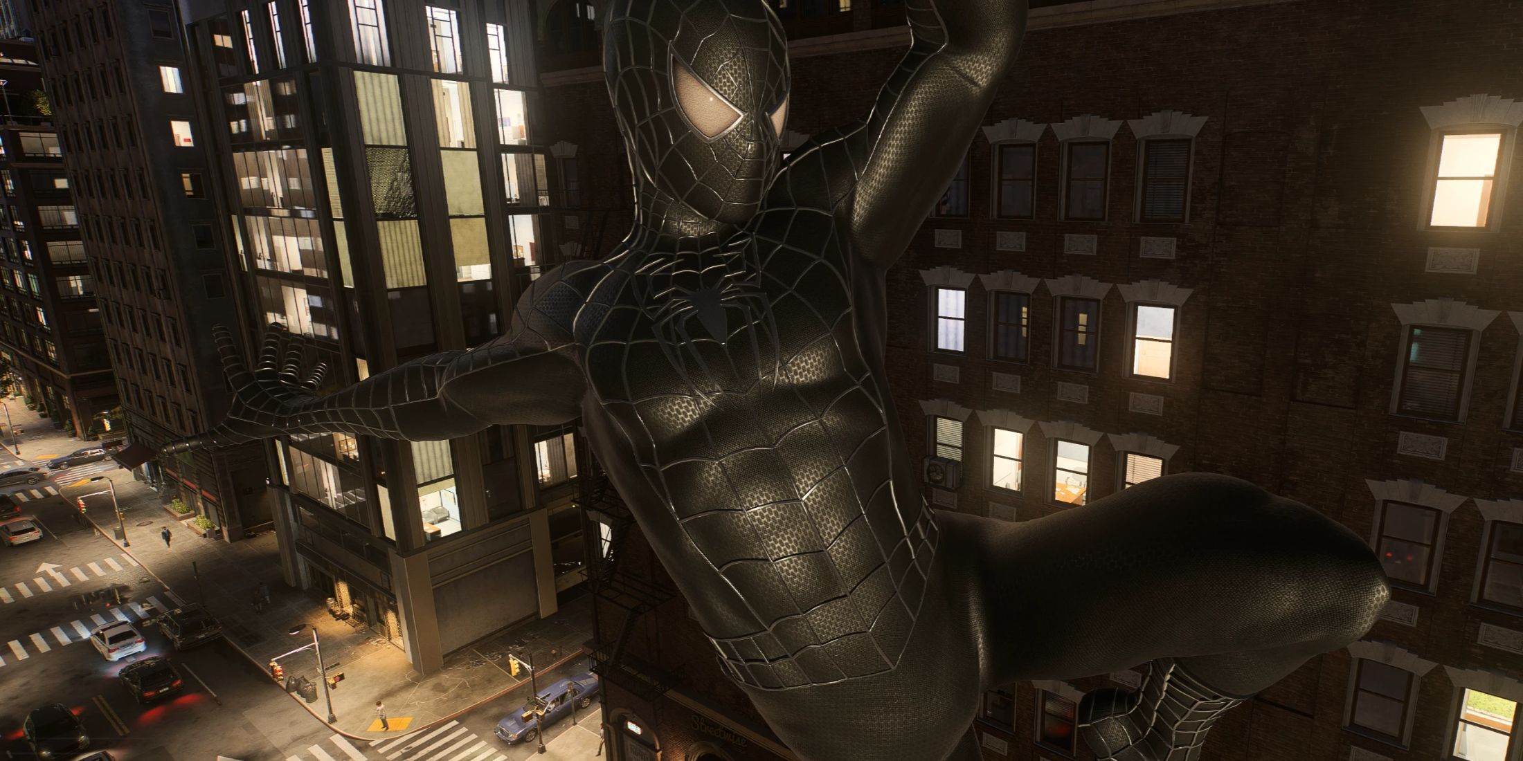 An image from the Film Accurate Raimi Black Webbed Suit Recolor  mod for Marvel's Spider-Man 2 on the PC