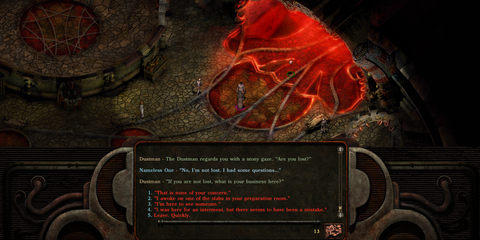 Player character and Dustman having a conversation