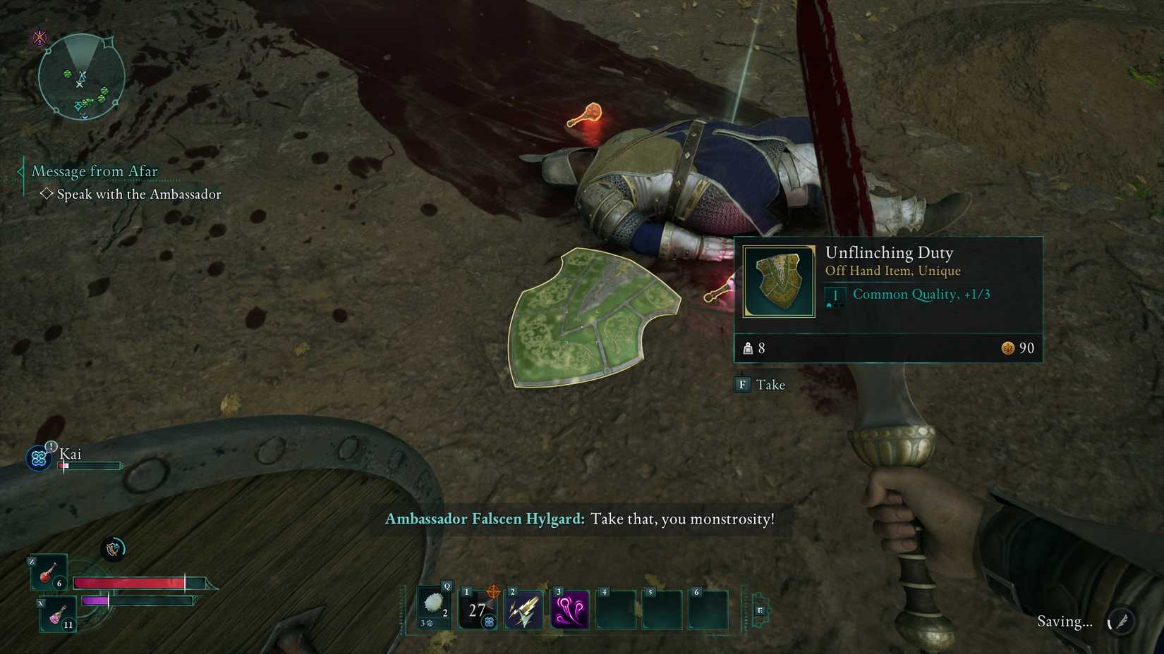 Picking up the Unflinching Duty shield in Avowed