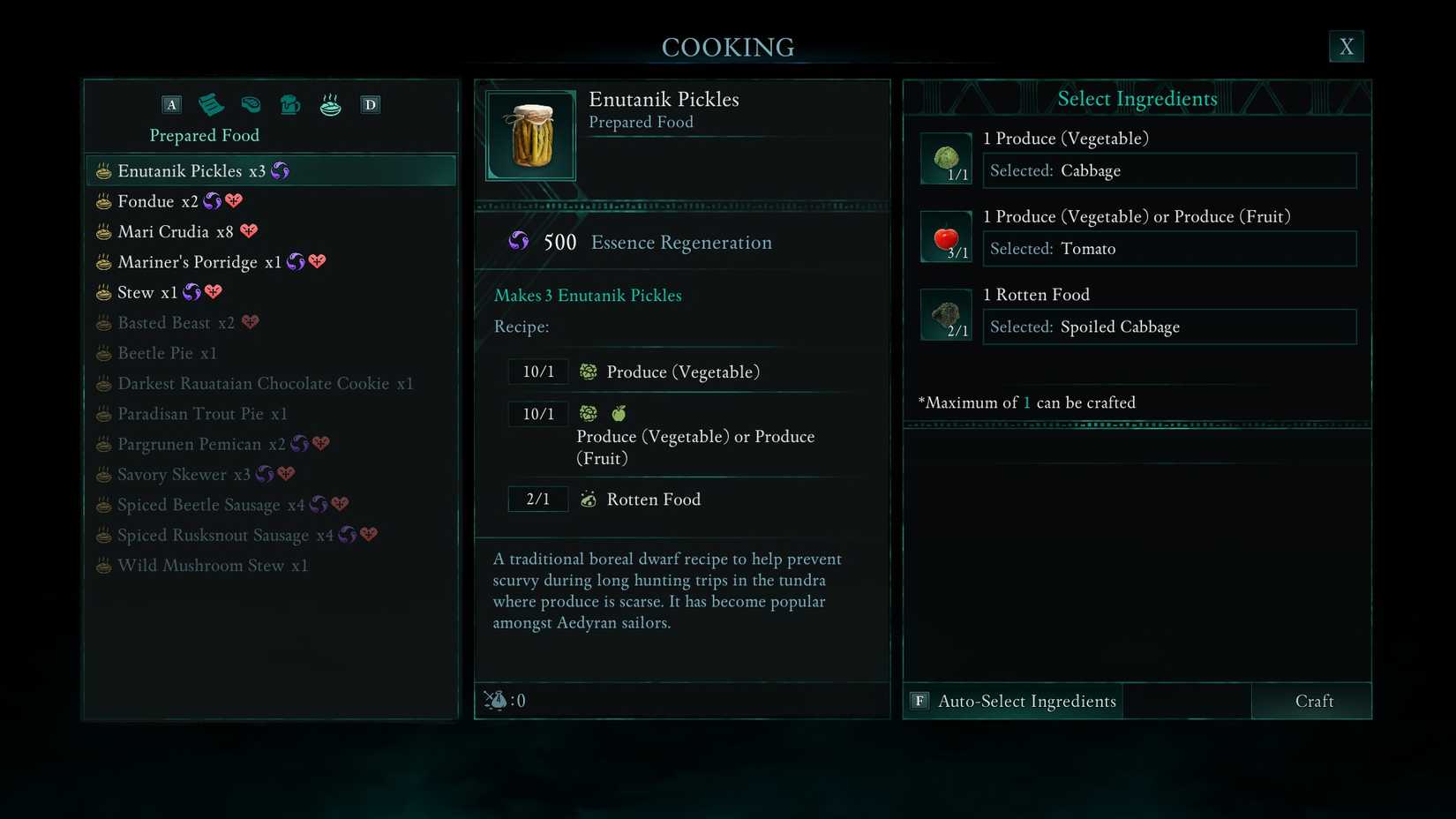 Avowed Menu How to Prepare Meals in Avowed