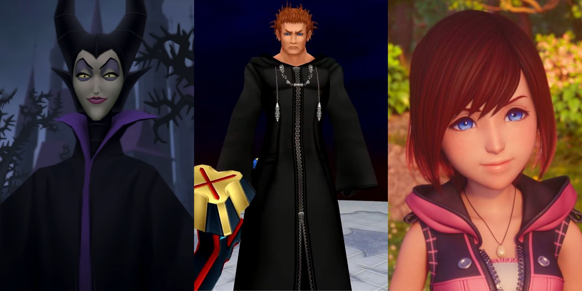 A collage of three Kingdom Hearts who are surprisingly weak: Maleficent, Lexaeus and Kairi.