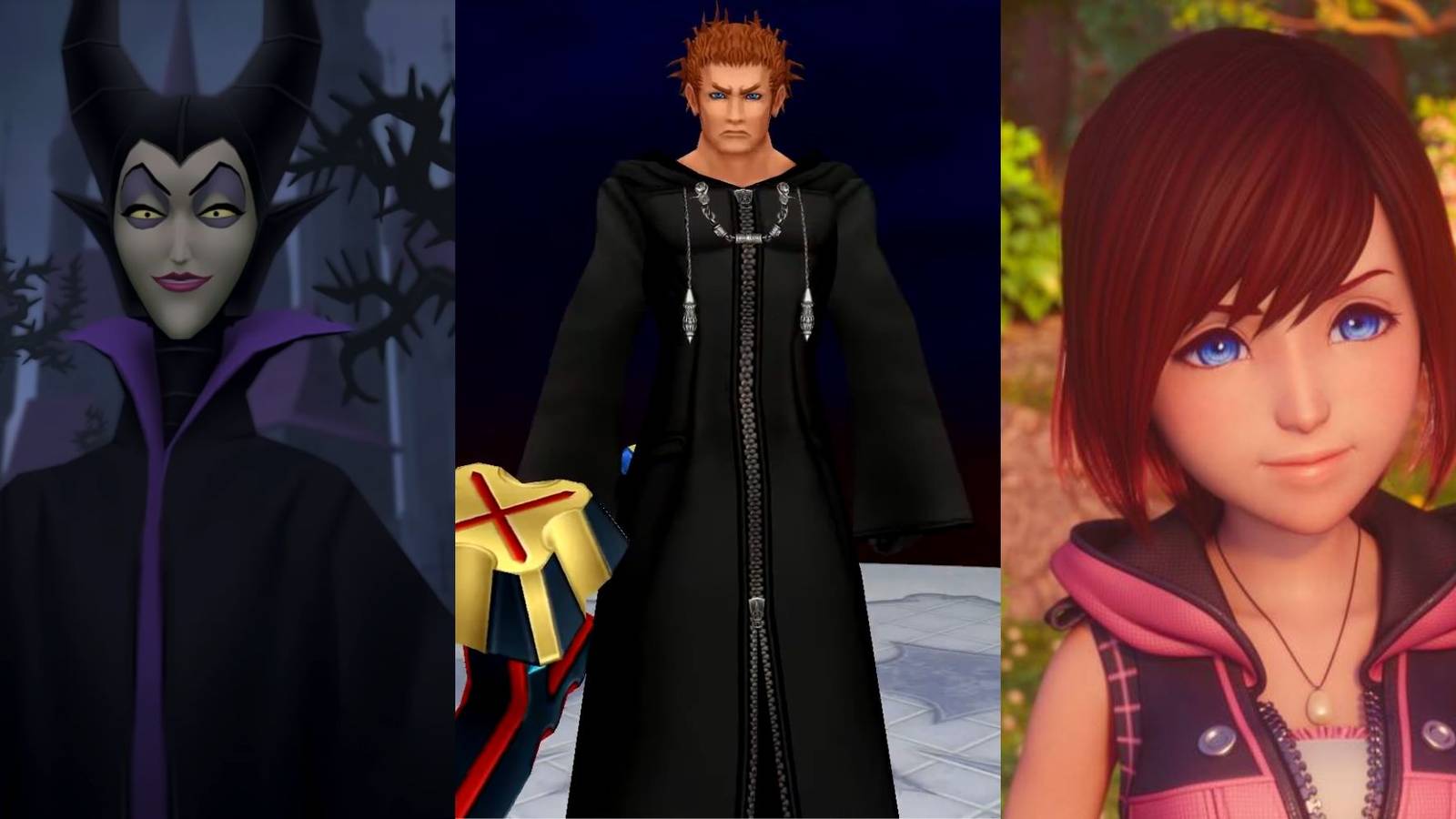A collage of three Kingdom Hearts who are surprisingly weak: Maleficent, Lexaeus and Kairi.