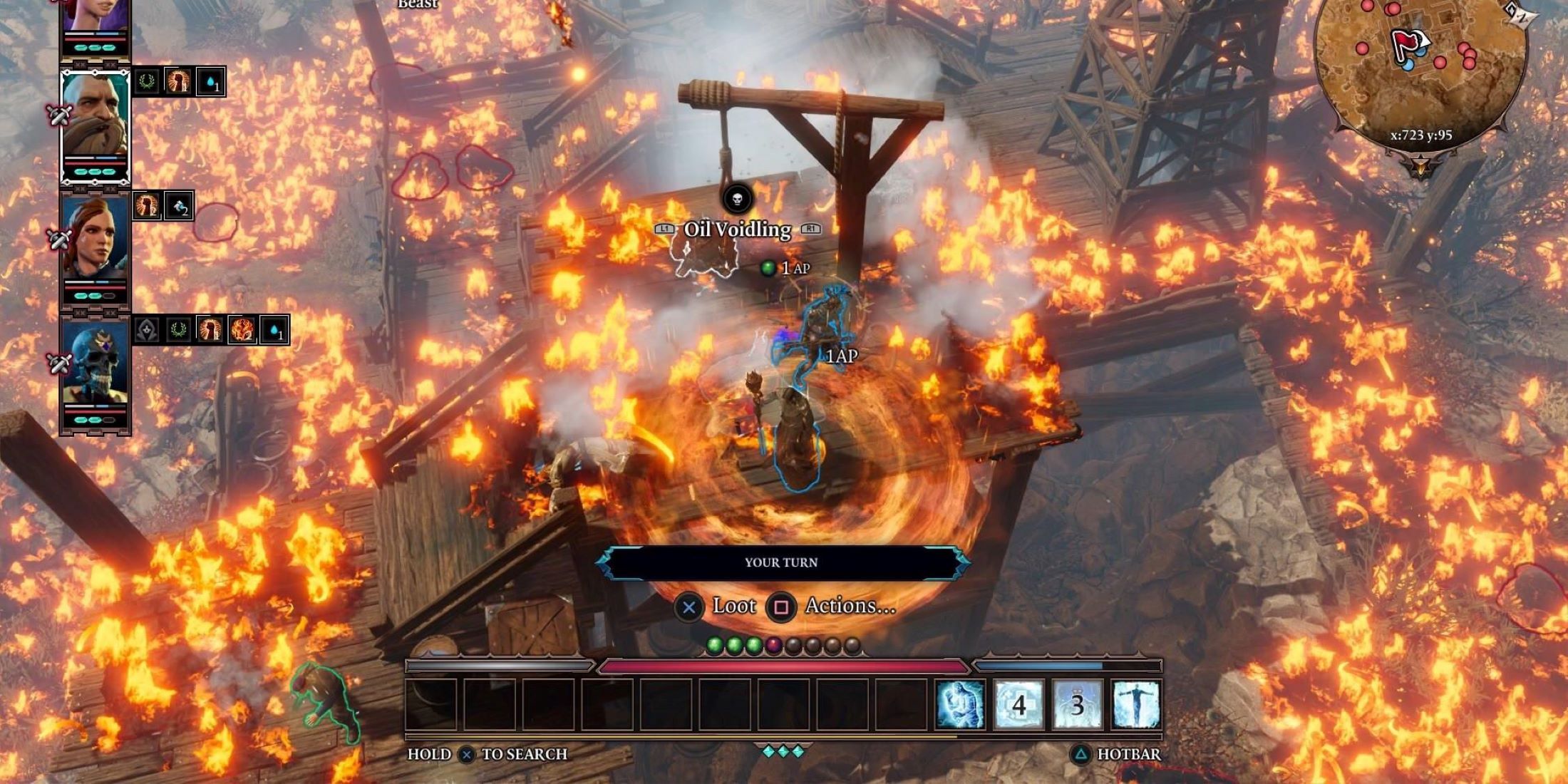 Player fighting in fiery battle with 8 AP per character