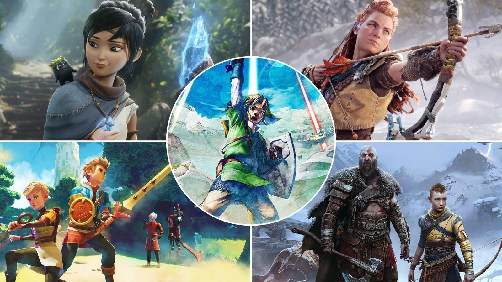 An image of Link from Skyward Sword HD, in a collage with 4 PS5 games that play like Zelda: Kena: Bridge of Spirits, Horizon Forbidden West, Oceanhorn 2 and God of War Ragnarok.