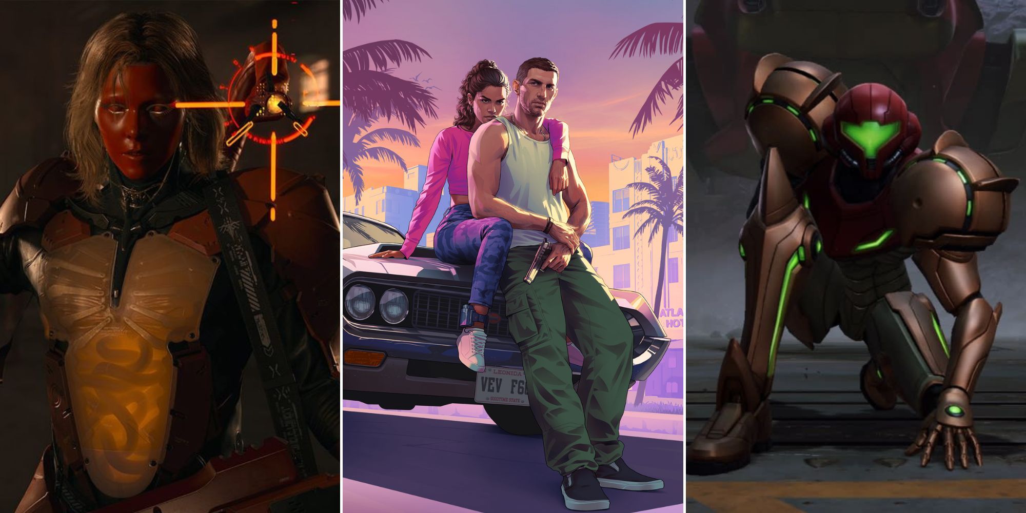 A collage of three upcoming releasing in 2025: Death Stranding 2: On the Beach, Grand Theft Auto 6 and Metroid Prime 4: Beyond.