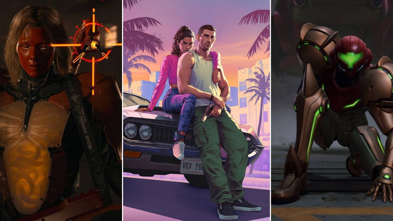A collage of three upcoming releasing in 2025: Death Stranding 2: On the Beach, Grand Theft Auto 6 and Metroid Prime 4: Beyond.