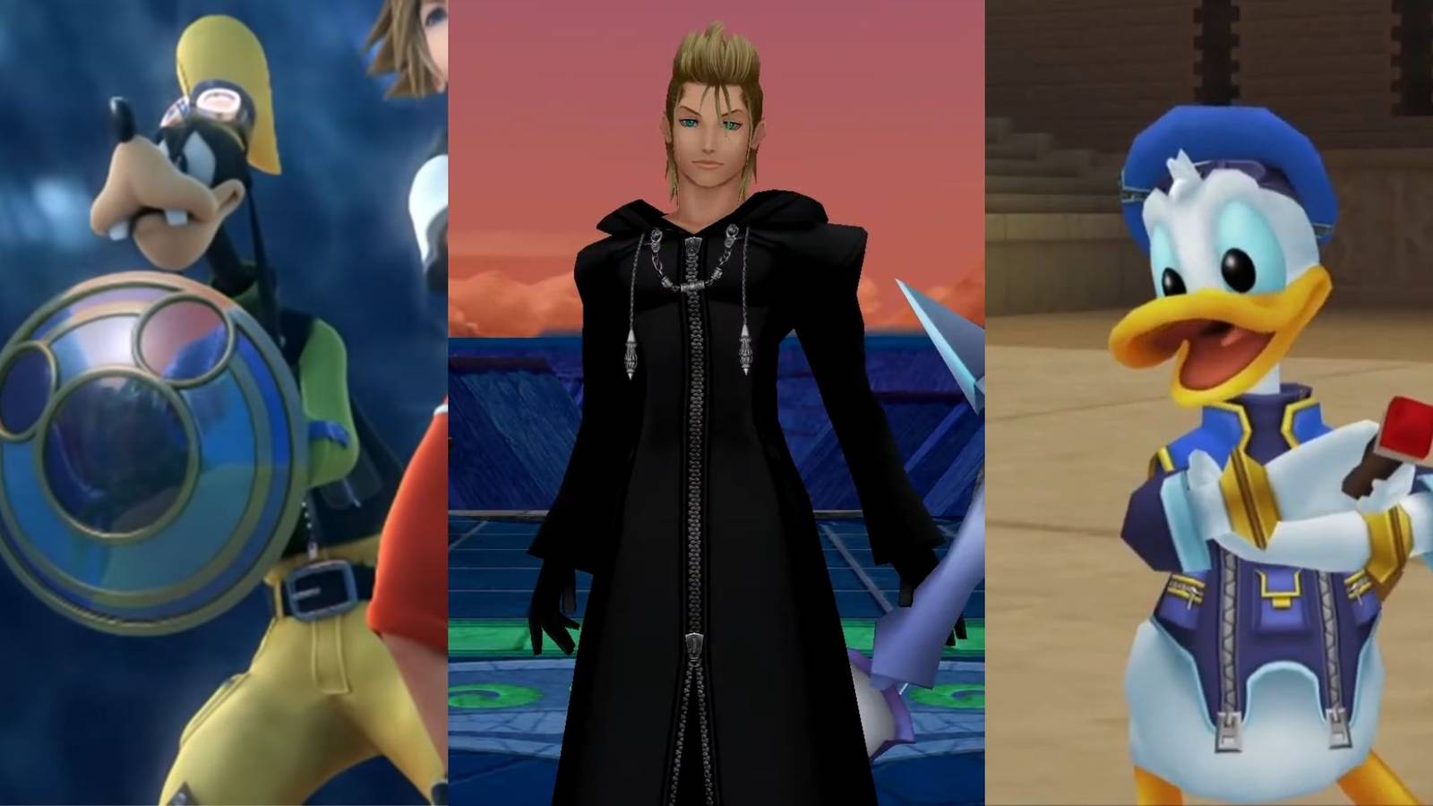 A collage of three Kingdom Hearts characters that ended up being surprisingly powerful: Goofy, Demyx and Donald Duck.