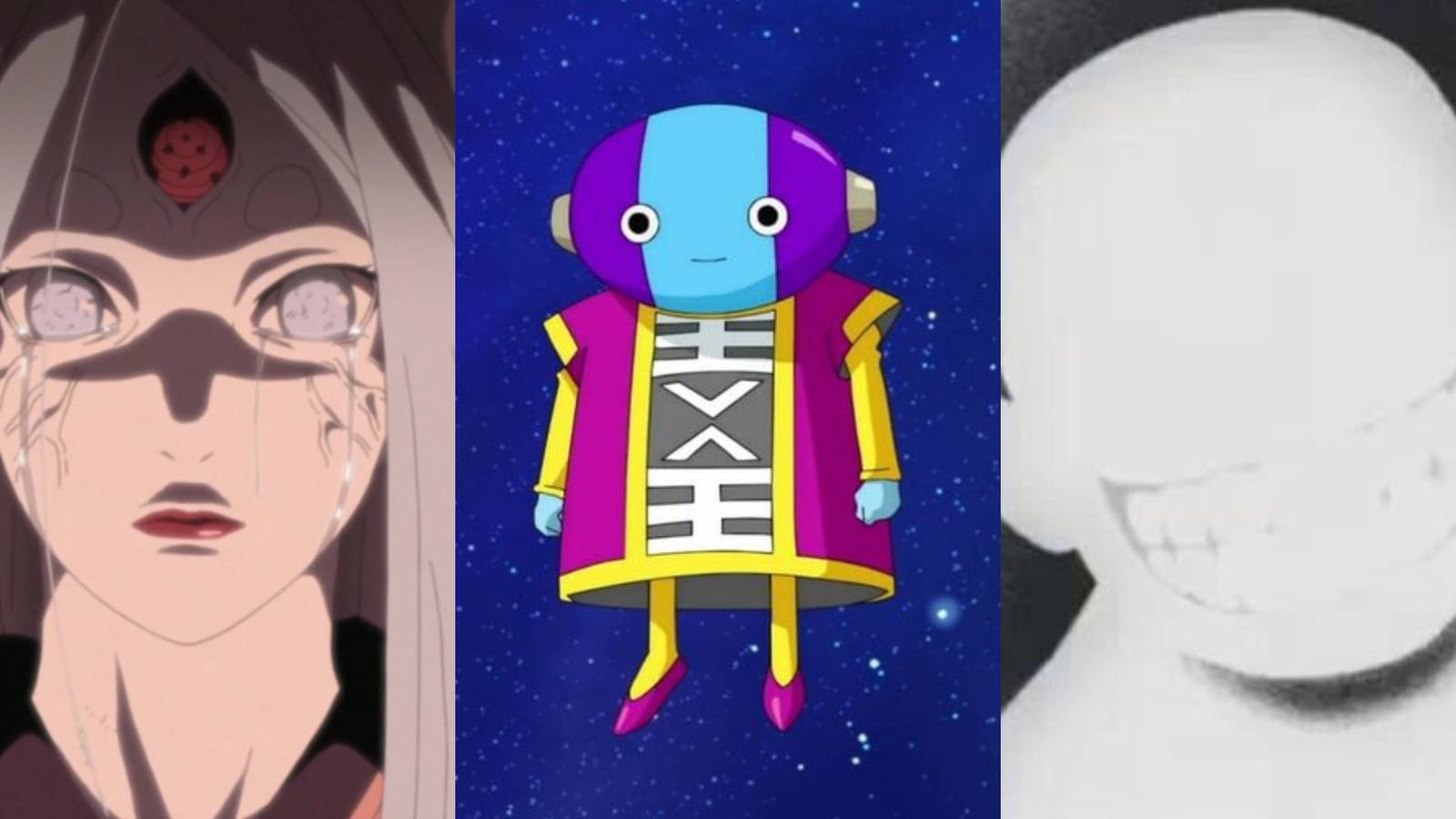 A collage of three powerful godlike characters from shonen manga: Kaguya from Naruto, Zeno from Dragon Ball and the Truth from Fullmetal Alchemist.
