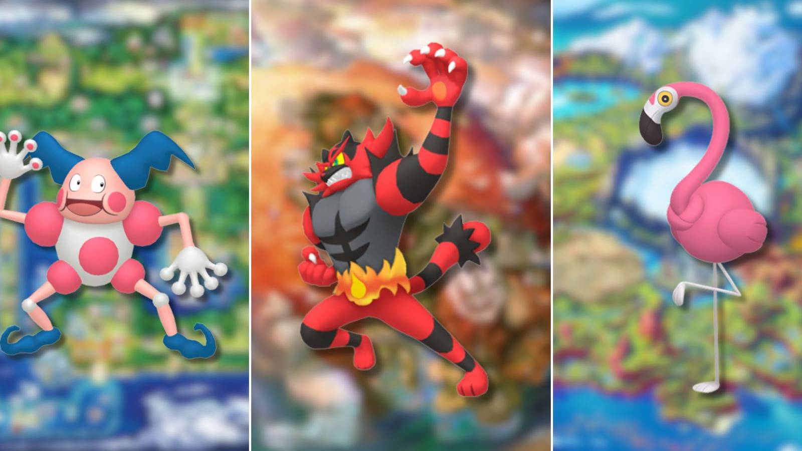 A collage of three great Pokemon with a divisive reputation: Mr. Mime, Incineroar and Flamigo.