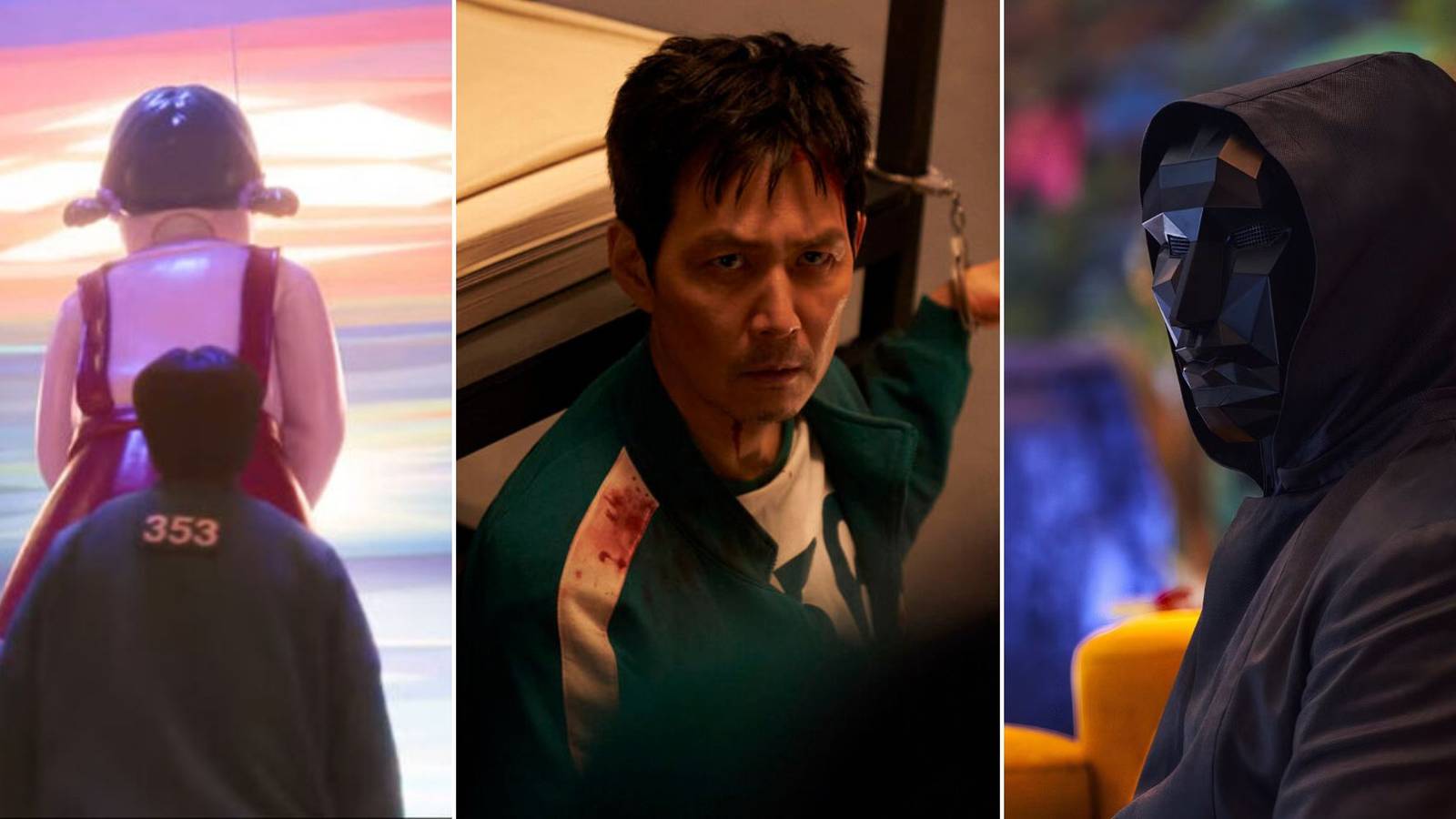 A collage of characters who will play an important role in Season 3 of Squid Game: Young-hee the animatronic doll, Seong Gi-Hun and the Front Man.