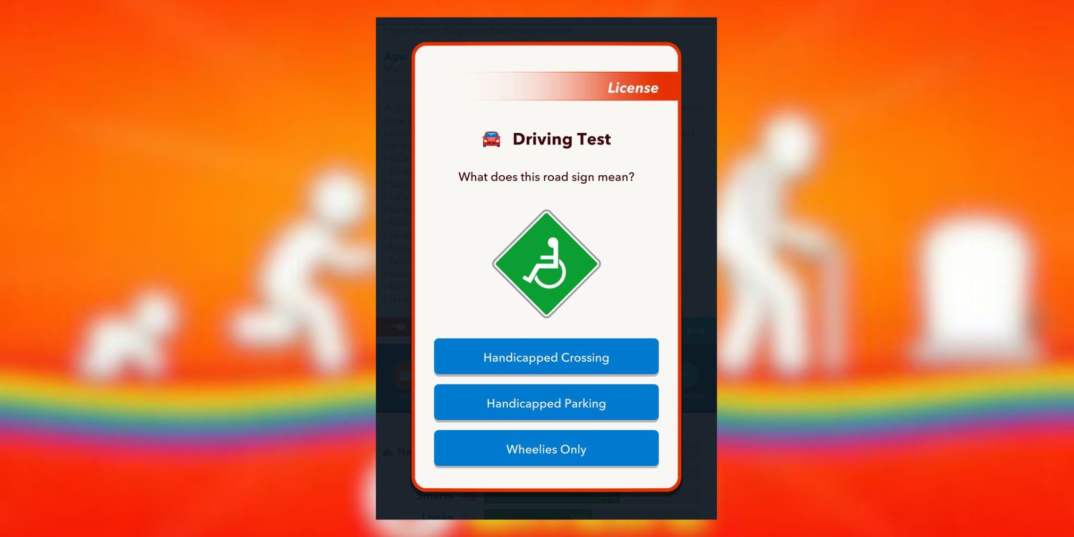 handicapped crossing sign in driving test bitlife