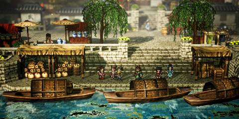 A bustling marketplace in Wandering Sword, one of the best HD-2D JRPGs ever made, featuring detailed pixel art