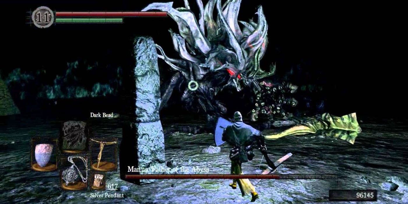 A Heater Shield being used against Manus in Dark Souls