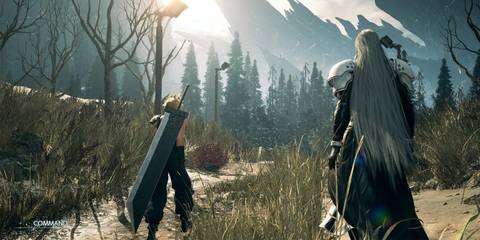 A Key Frame From Final Fantasy 7 Rebirth Showing Cloud & Sephiroph Walking Through A Grassy, Desert Area