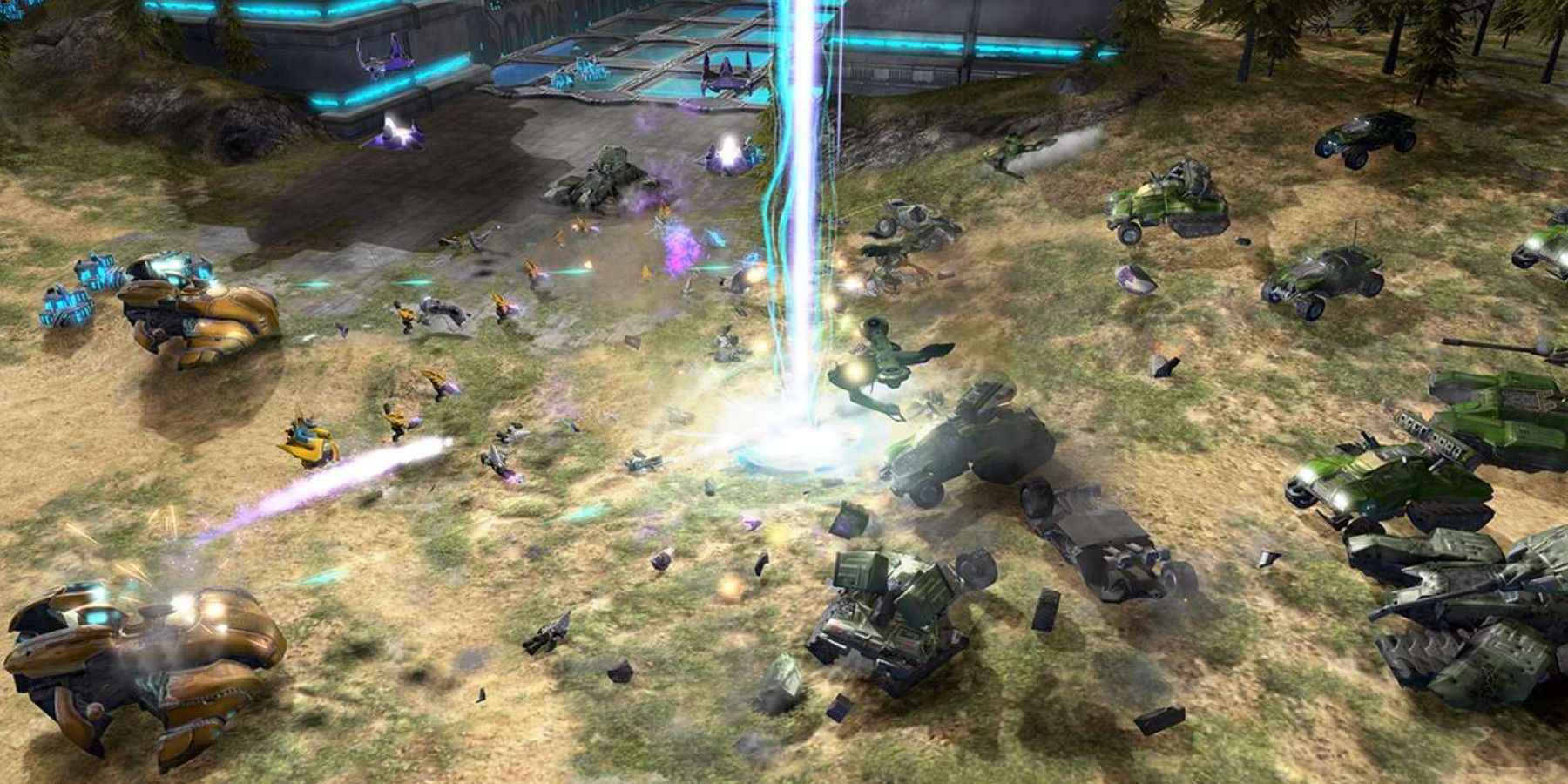 A Key Frame From Halo Wars Showing A Battle Between UNSC & Covenant Forces In A Desert Area