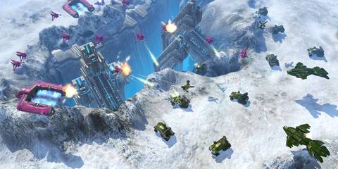 A Key Frame From Halo Wars Showing A Battle Between UNSC & Covenant Forces In A Snowy Area