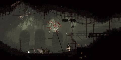 A Key Frame From Rain World Showing The Player Running From An Enemy Under A Blood-Stained Landscape