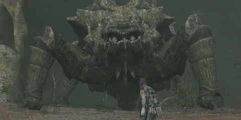 A Key Frame From The Ico & Shadow Of The Colossus Collection Showing The Player Backing From A Colossus Enemy