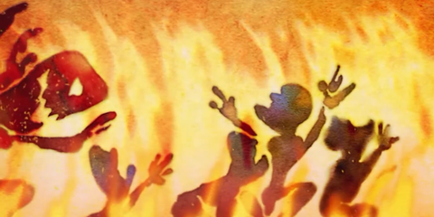 A Key Frame From The Legend Of Zelda Skyward Sword Showing Forces Of Demise Chasing Civilians Surrounded By Flames