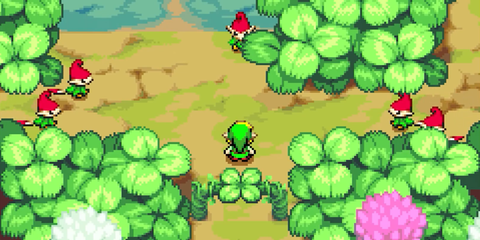A Key Frame From The Legend Of Zelda The Minish Cap Showing Link Being Approached By A Group Of Picori People