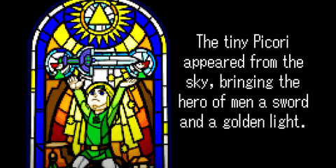A Key Frame From The Legend Of Zelda The Minish Cap Showing The Tale Of The Hero Of Men Alongside A Stained Glass Depiciton Of Them
