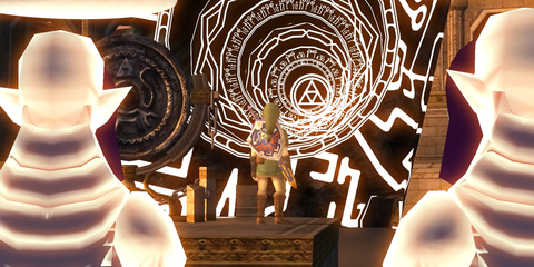 A Key Frame From The Legend Of Zelda Twilight Princess Showing Link Readying To Travel Through A Portal