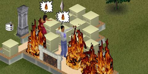 A Key Frame From The Sims Showing  A Character's House On Fire
