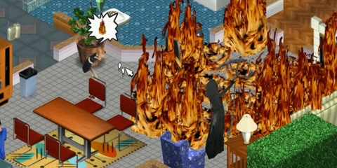 A Key Frame From The Sims Showing A Fire Engulfing A Sim's Household