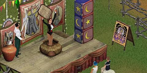 A Key Frame From The Sims Showing A Magician Appearing From A Box In Front Of A Crowd