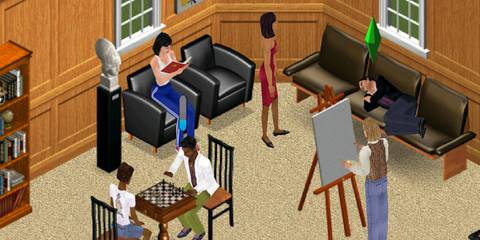 A Key Frame From The Sims Showing  A Selection Of Sim Characters Relaxing