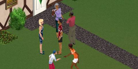A Key Frame From The Sims Showing A Selection Of Sims Talking In A Garden Setting