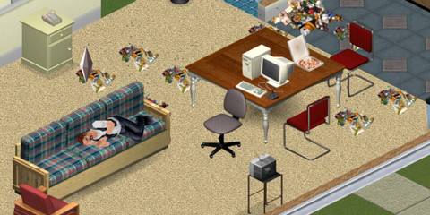 A Key Frame From The Sims Showing  A Sim Asleep On A Sofa With Mess Around It