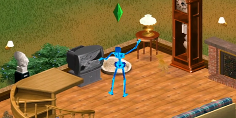 A Key Frame From The Sims Showing A Sim Character Electrocuting Themselves Through The Television