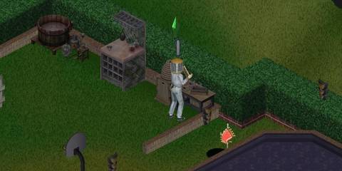 A Key Frame From The Sims Showing  A Sim In A Beekeeper Suit Scraping Honey