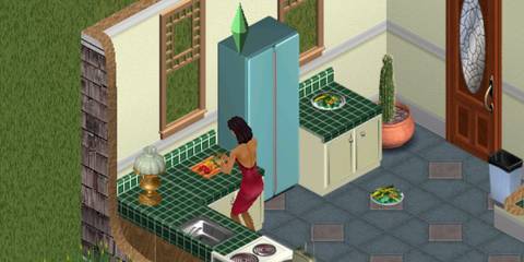 A Key Frame From The Sims Showing  A Sim Washing Dishes
