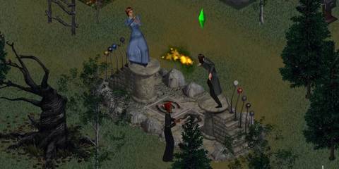 A Key Frame From The Sims Showing  A Witch Shooting Flames At A Sim