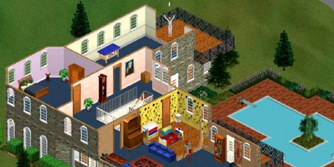 A Key Frame From The Sims Showing  An Aerial Shot Of A Multi-Story House