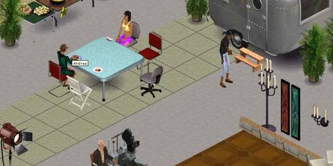 A Key Frame From The Sims Showing  Sims Eating A Meal In A Movie Lot